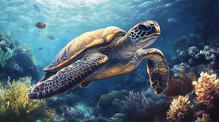 Fototapeta premium Sea Turtle Swimming in a Colorful Underwater Ecosystem