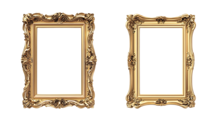 Golden Frame Set in Three Different Poses on Transparent Background for Art Display, Gallery Designs, or Luxury Branding