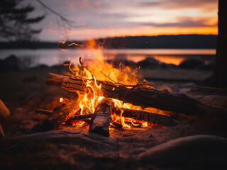 Glowing firelight in the evening offering comfort and deep rest with peace found