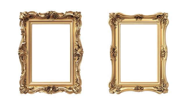 Golden Frame Set in Three Different Poses on Transparent Background for Art Display, Gallery Designs, or Luxury Branding