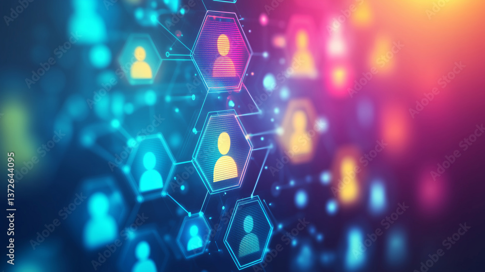 Poster abstract illustration of interconnected user icons in vibrant colors, representing digital networkin