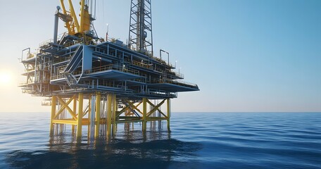 A large offshore oil rig sits on the calm blue ocean