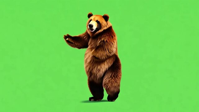 Playful brown bear cub dancing on hind legs, paws raised on vibrant green background