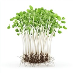 Group of green spies resembling radish microgreens sprouting with roots isolated on a clean white background