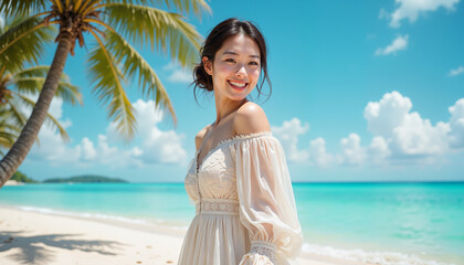 Smiling woman in beachwear on tropical shore, ideal for travel blogs, summer vacation promotions