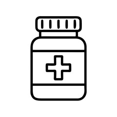 Obraz premium Medication Bottle: A simple, yet impactful, line drawing of a medication bottle, complete with cap, label, and a prominent cross symbol, symbolizing healthcare, medicine, and well-being. 