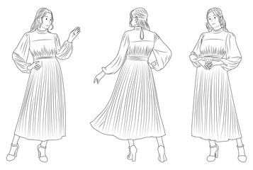 Woman in a flowing Dress, Front and Back View Poses, Line Art Illustration.