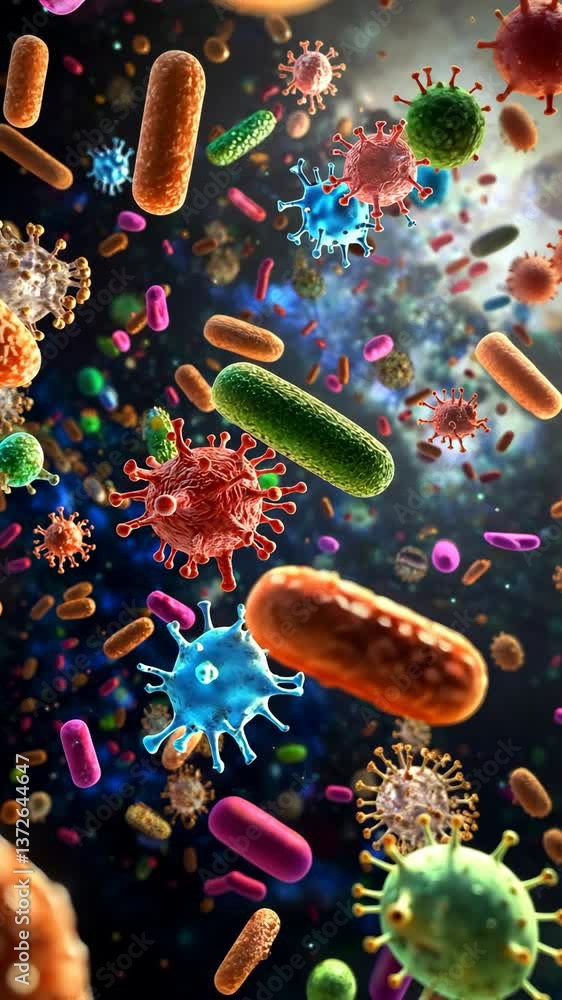 Poster colorful microorganisms floating in space create a fascinating view of microscopic life and its dive