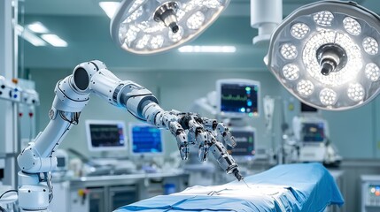 Surgical robot assisting in operation hospital medical technology clean environment close-up view advanced healthcare innovation