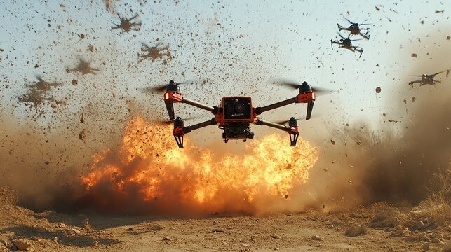 Drones Amidst Explosion: A dramatic scene of flying unmanned aerial vehicles in the aftermath of an explosion.