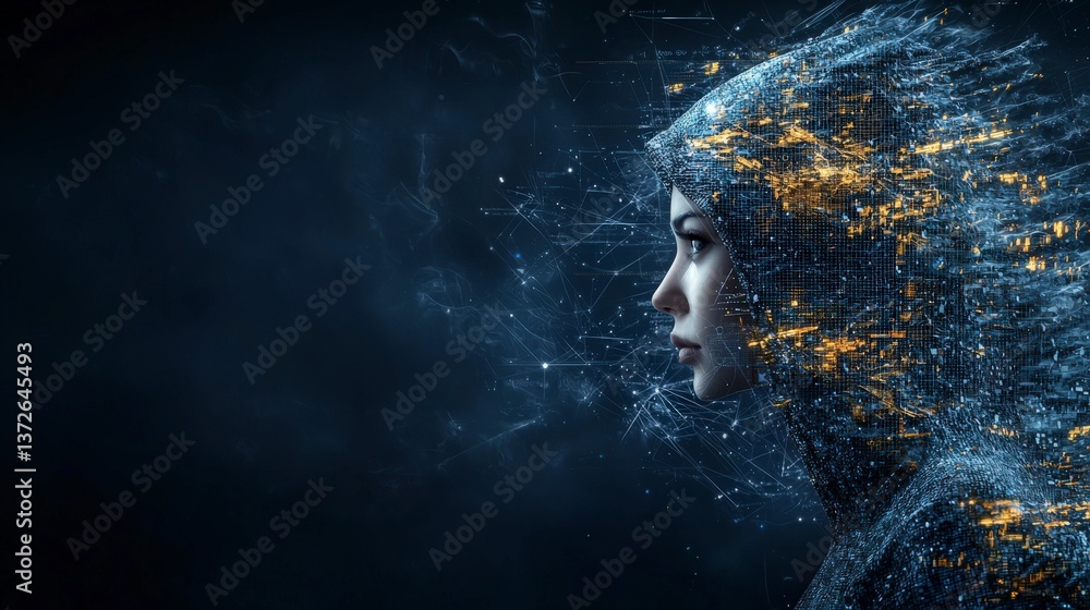 Poster digital transformation of human identity virtual realm artistic portrait cybernetic environment prof