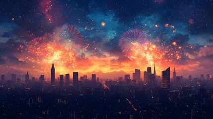 Fireworks bursting over a city skyline on Independence Day Illustration