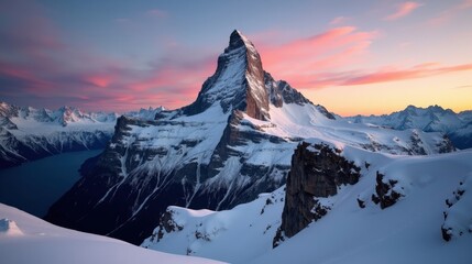 Matterhorn, Switzerland, Europe, at dawn with sunny weather, captured from a normal perspective. A detailed, high-quality photo of the mountain bathed in warm, golden sunlight.