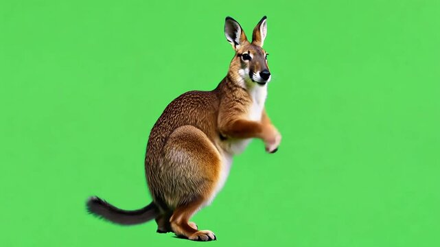 Small kangaroo sits alertly on green screen, paws raised