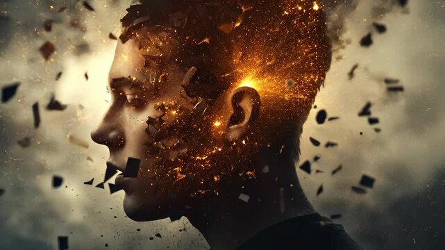 Creative portrait of a young man with an exploding head effect showcasing thoughts and ideas in a surreal environment