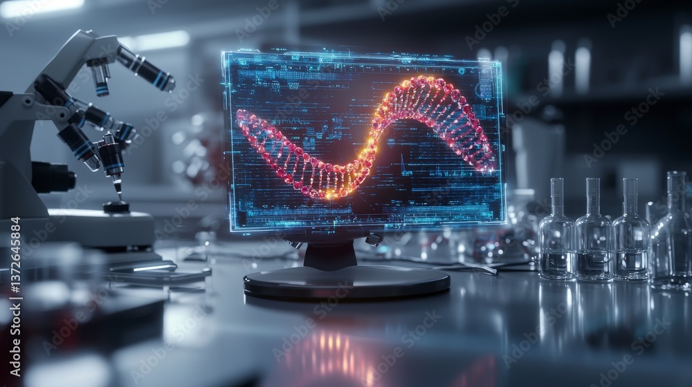 Poster laboratory innovation dna analysis research facility digital display high-tech environment front vie