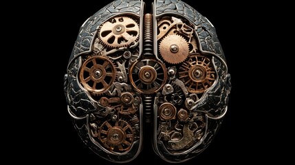 Mechanical Brain, Gears, Cogs, Abstract, Anatomy, Isolated, Dark Background, Conceptual