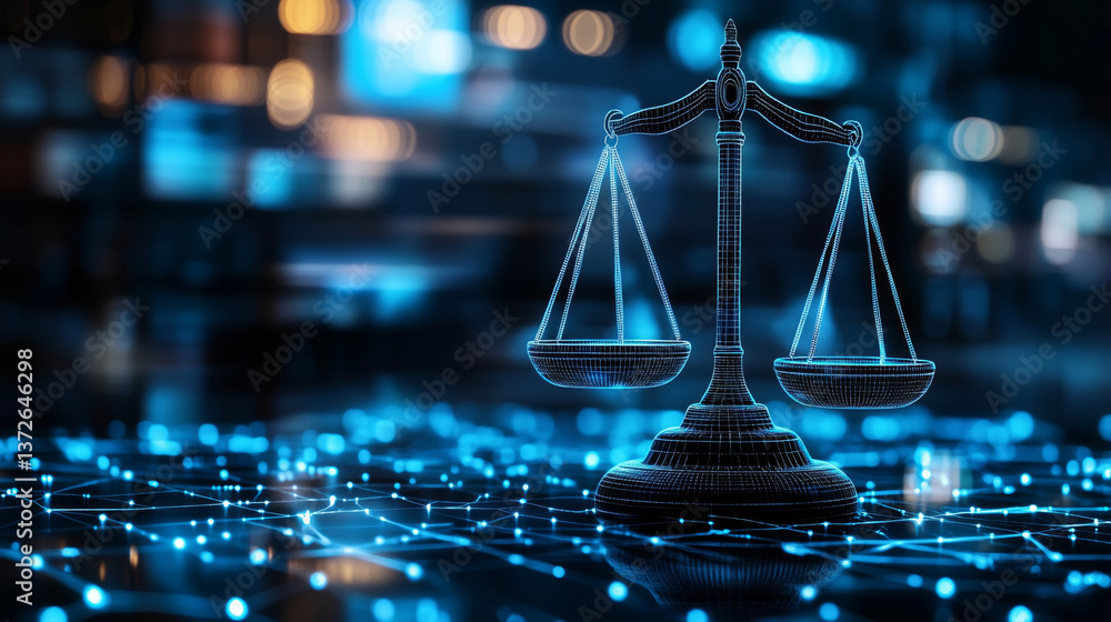 Poster digital representation of balanced scale symbolizing justice, set against futuristic background with