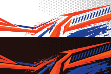 Car wrap design race livery vehicle vector. Graphic stripe racing background kit designs for vehicle, race car, rally, adventure and livery in a blue and orange color
