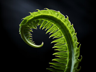 Fern frond unfurling in green spirals with emerging details as life begins gradually