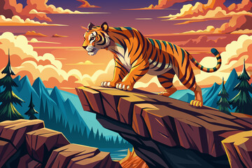 A powerful tiger balancing effortlessly on a narrow rock edge with a breathtaking view