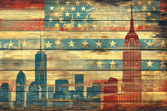 Patriotism background, faded American flag with tall buildings on an old wooden plank