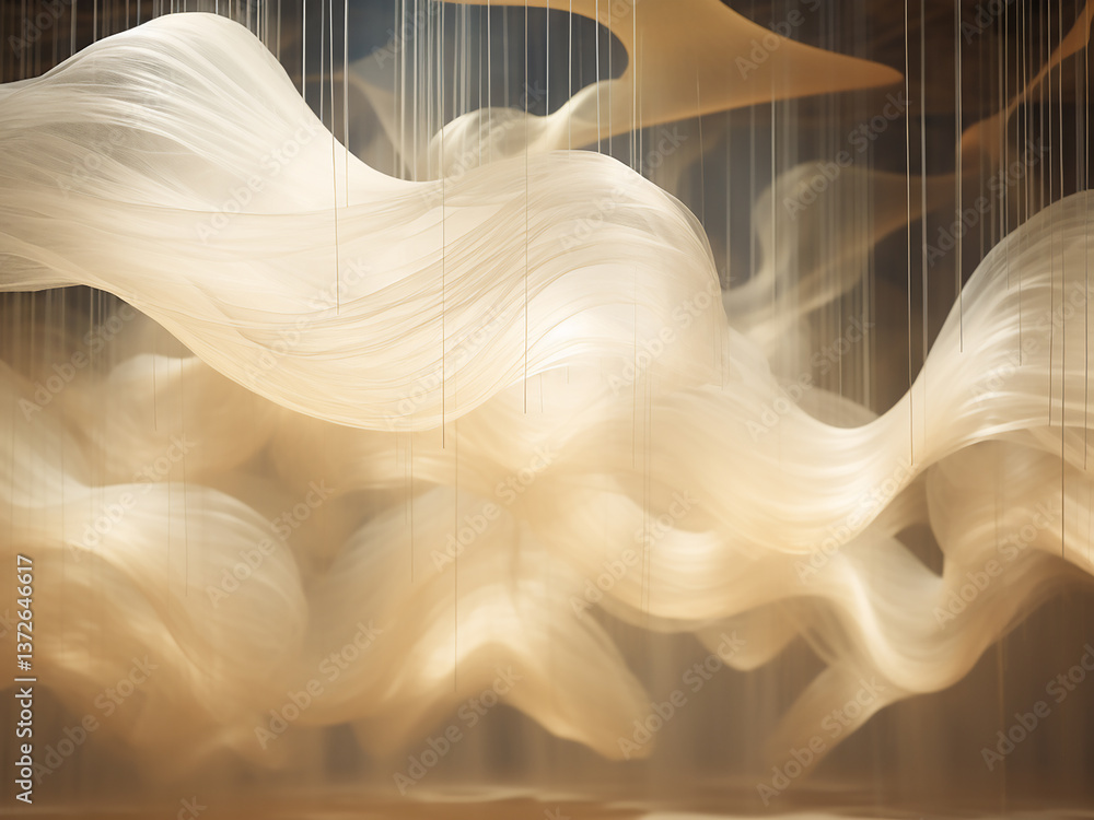 Poster fiber installations with organic forms hanging, creating spatial volumes and defining light flow