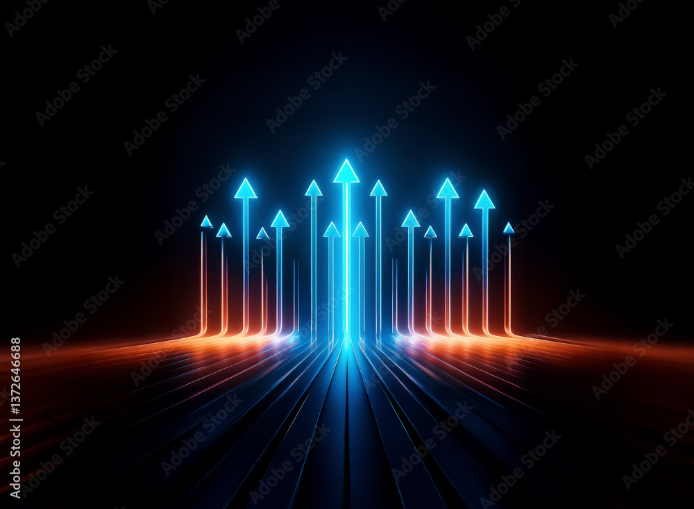 Poster Neon blue arrows ascend from orange lines on a dark backdrop, creating a vibrant and futuristic visual.  The glowing directional elements suggest upward movement and progress.