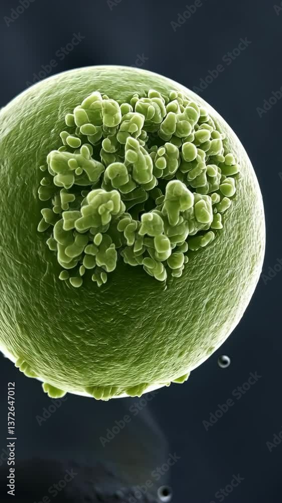 Poster microscopic view of a green cell showcasing intricate structures on its surface