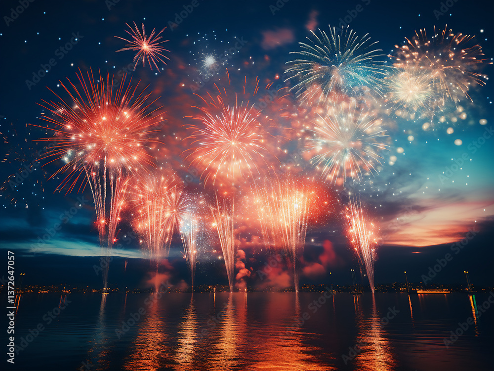 Poster fireworks exploding with bright streaking lights and vivid colors blurring the sky in joy