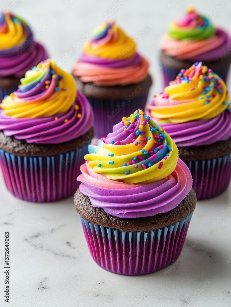 Aufkleber delicious collection of colorful cupcakes with neon icing and rainbow sprinkles in a vibrant bakery 