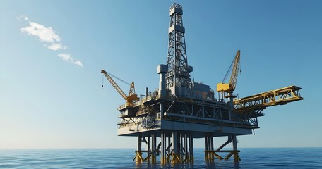 An offshore drilling platform standing in the vast blue ocean environment