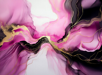 Abstract painting featuring flowing shades of pink and black, accented with shimmering gold lines.  The artwork evokes a sense of movement and depth with its fluid design.