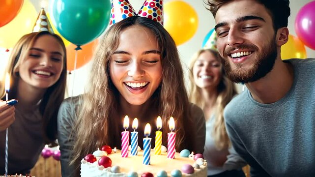 A happy group of young individuals celebrating a birthday in a cozy living room, surrounded by colorful balloons and streamers, one person blowing out the candles on a cake