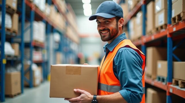 Smiling warehouse worker in safety vest carrying a cardboard box through aisles