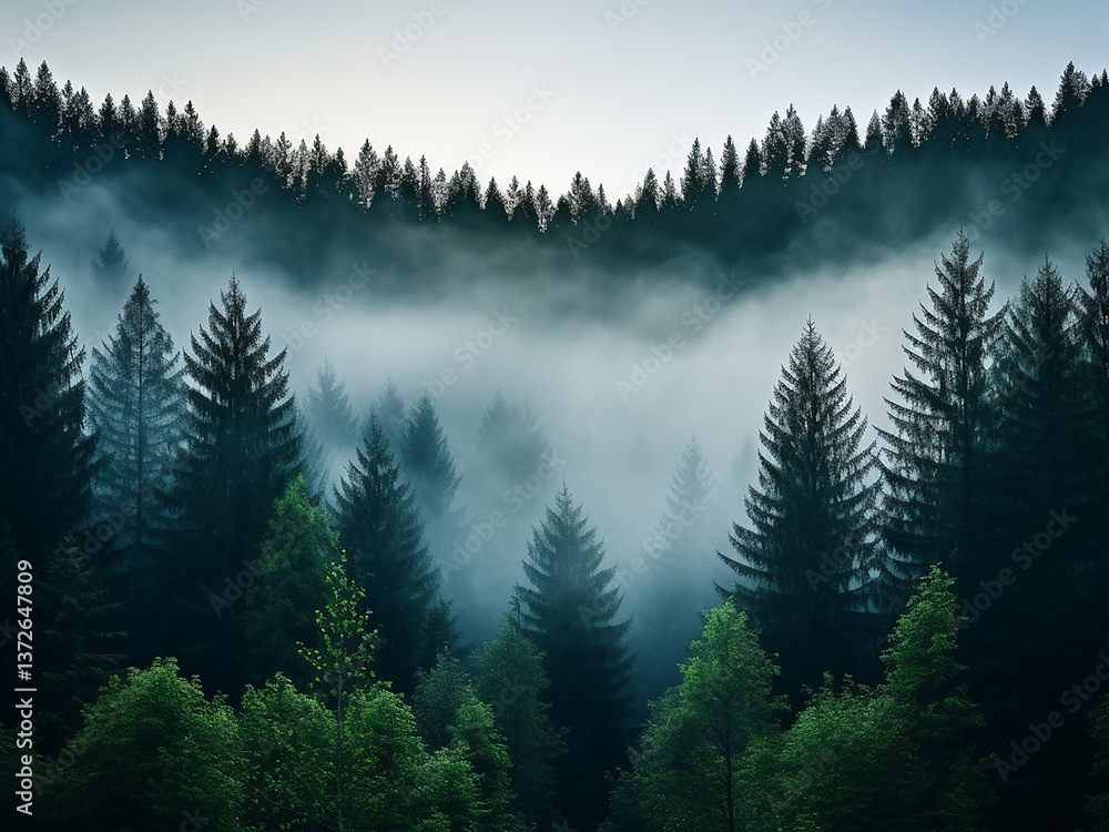 Poster shapes slowly emerge from the fog in the forest creating a mysterious morning atmosphere