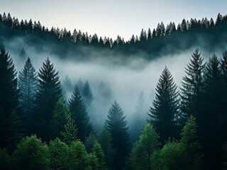Obraz premium Shapes slowly emerge from the fog in the forest creating a mysterious morning atmosphere