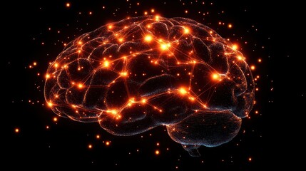 Neural Network Brain, Active Synapses, Black Background, Scientific Visualization