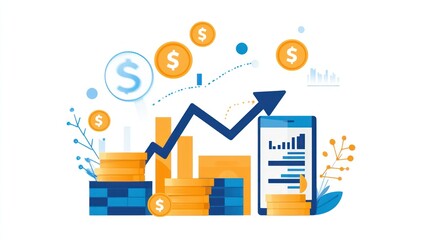 Digital financial growth, increasing profits represented by an upward trend graph, displayed on a mobile device.  Stacks of coins, dollar signs, and charts illustrate financial success.