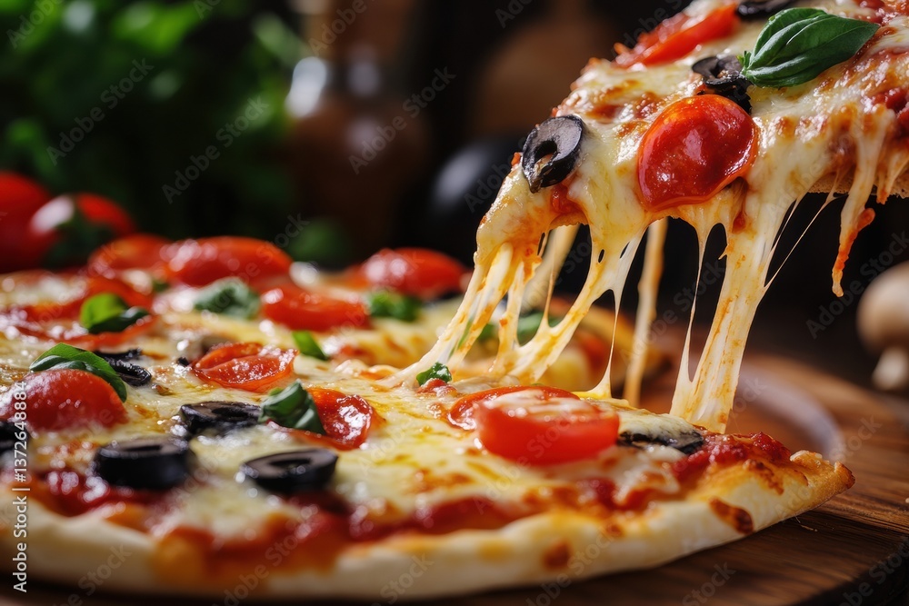 Poster delicious pizza slice with gooey cheese and vibrant toppings against a dynamic background highlights