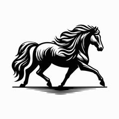 Running horse silhouette walking, transparent black and white background, logo design