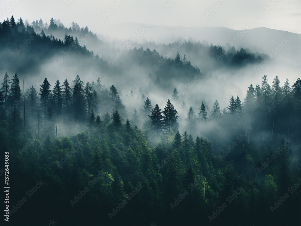 Poster forest mist rises with shapes forming mysteriously creating an atmosphere of natural wonder