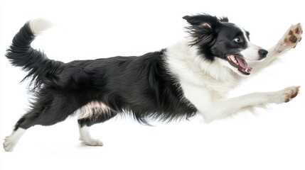 Fototapeta premium Energetic border collie mid leap against white backdrop showcasing agility and playful spirit in dynamic pose capturing canine athleticism