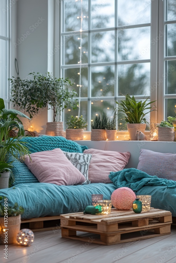 Aufkleber cozy indoor nook with soft pillows plants and string lights creating a warm and inviting atmosphere 