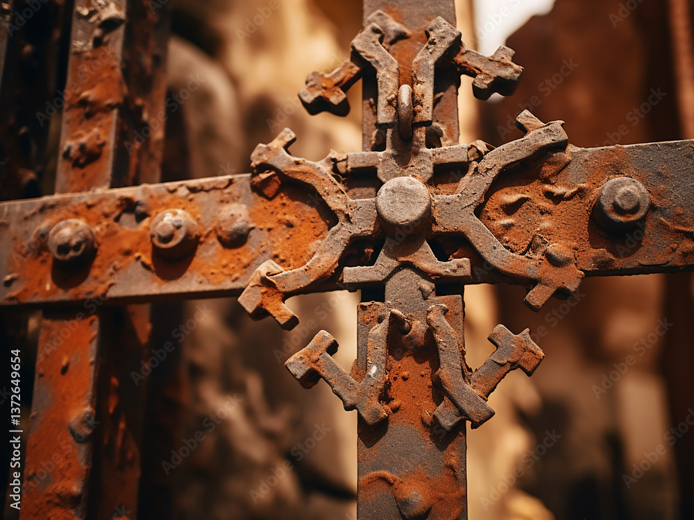 Aufkleber iron gate with hammer marks and rust patches revealing a medieval character
