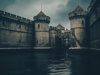 Fototapeta premium Thick fortress walls and towering guard towers surrounded by a deep, protective moat