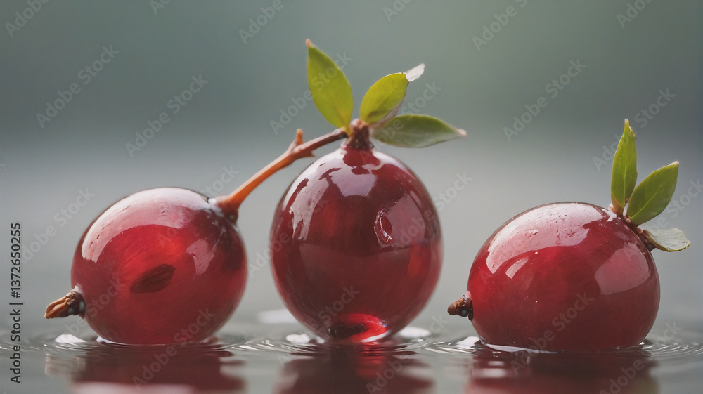 Poster shiny red berries with small green leaves rest on a wet surface. droplets are visible, suggesting fr