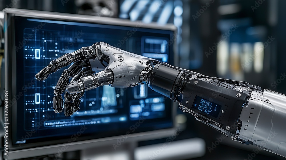 Fototapete Robotic hand interaction with technology screen futuristic lab digital display close-up innovation