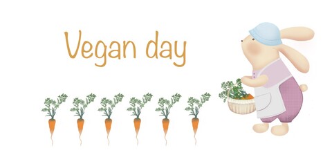 Illustration, poster, card “Vegan day“ with orange carrot  on a white background. Ideal for spring, vegan product, organic food  gifts for  gardener, home decor, holiday, fabric, gift paper, packaging