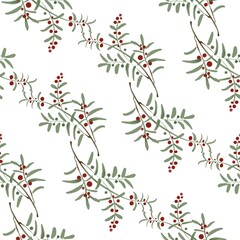 This image features a seamless pattern of festive botanical elements, including red berries, green leaves, and pine branches, arranged diagonally on a white background, evoking a winter holiday 